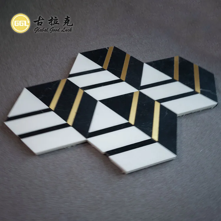 Marble Mix Brass Mosaic Tile for Villa Hotel Project Wall Decoration Black White Hexagon Tile With Metal