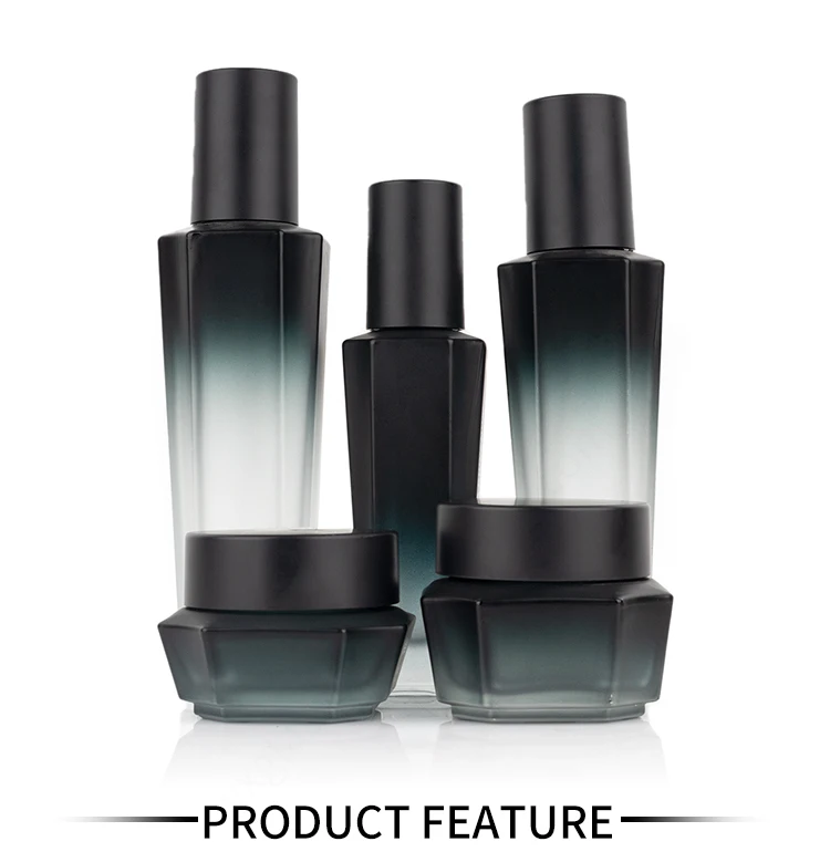 120ml 100ml 40ml Hexagon black empty lotion skincare container cosmetic spray pump packaging glass bottle set details