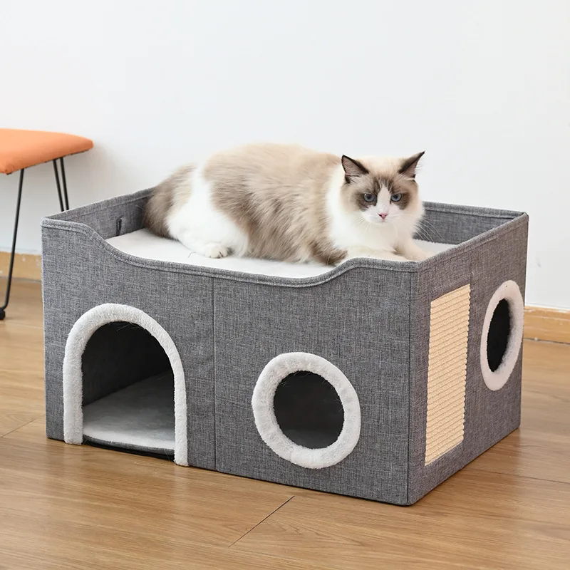 Casas de luxo plegables de gran oferta, estera moderna de felpa para fiestras, alfombrilla para rascar de cáñamo de Sisal lateral, cama para gatos, cueva