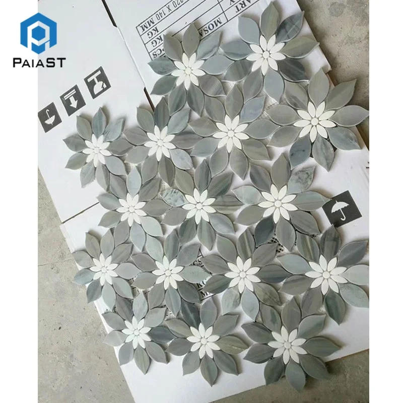 Ubin Mosaik Marmer Carrara Putih dengan Pola Desain Bunga untuk Backsplash Dinding Dapur dan Dekorasi Kamar Mandi