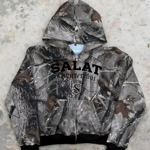 Men's 100% Cotton Camouflage Zip Hoodie Jacket Cropped Digital Print Waterproof Quick Dry Spring Streetwear Knitted Clothing