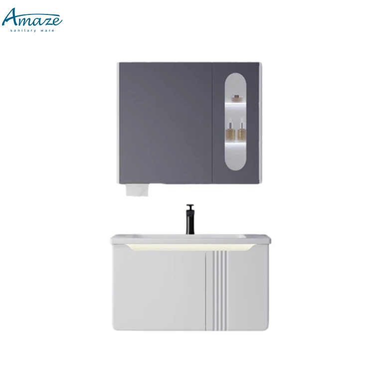 2024 New modern design white wooden bath furniture wall-hung bathroom vanity sink cabinet set with mirror details