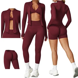 Women's High-Rise Seamless Solid Gym Leggings Bra Top Breathable Fitness Yoga Wear Plus Size Athletic Full-Length Jacket 4-Piece