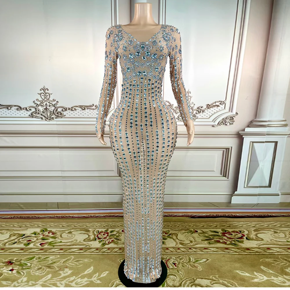 AD1483 Kimshein Women Luxury Gown Long Sleeve Transparent Rhinestone  Crystal Dress Elegant for Birthday Party Casual Clothing