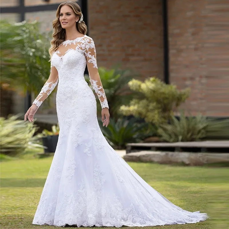 Women Fashion Round Neck Sweet Long Sleeve Lace Wedding Dress Elegant  Illusion Fish Tail Bridal Gown