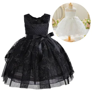 Elegant Black Lace Princess Dress for Girls 3-12 Years Maxi New Summer Collection Hollow-Out Tulle Plain Dyed Clothes for Kids