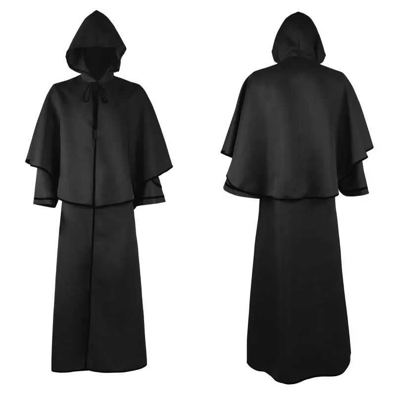 Medieval Priest Robe Black Hooded Renaissance Cloak Halloween Cosplay ...