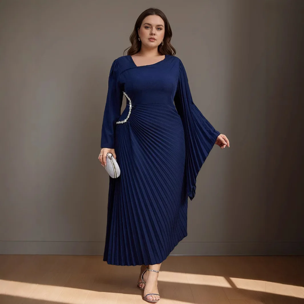 Plus Size Women's Fashionable Diamond Asymmetrical Pleated Bell Sleeve Dress Cross-Border European American Middle Solid Plus Size Women's Fashionable Diamond Asymmetrical Pleated Bell Sleeve Dress Cross-Border European American Middle Solid