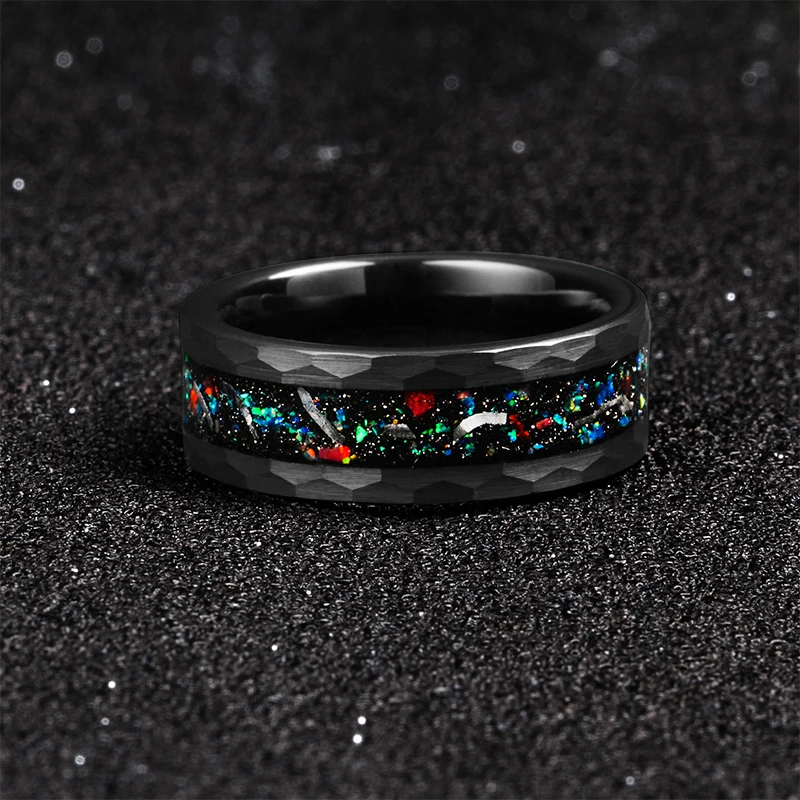 8mm Black Plated Hammered Tungsten Rings Crushed Opal Meteorite Inlay  Tungsten Mens Wedding Bands