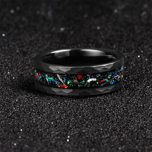 8mm Black Plated Hammered Tungsten Rings Crushed Opal Meteorite Inlay Tungsten Mens Wedding Bands