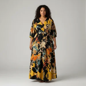 New Sweet Spring Floral Woven Chiffon A-Line Ladies Dress Retro Short Sleeves V Neck Contrast Midi Dress