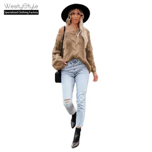 WestyStyle 2026 Autumn Winter Women's Casual Thick Anti-Pilling Long Front Sweater Knitted Hollow Out-Of-Shoulder Lantern 100%