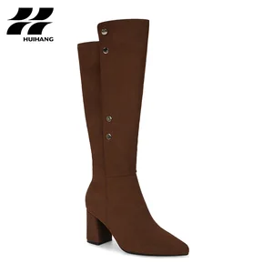 Chunky Heel Women's Winter Calf-Length Boots Metallic Buttons Decorated Comfortable Pointed Toe Design Solid for Autumn Winter