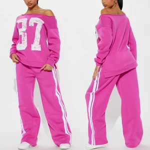 Custom Logo 100% Cotton Blank Tracksuits 2 Piece Set Fleece Off Shoulder Loose Fit Pullover Pink Sweatshirt and Sweatpants Women