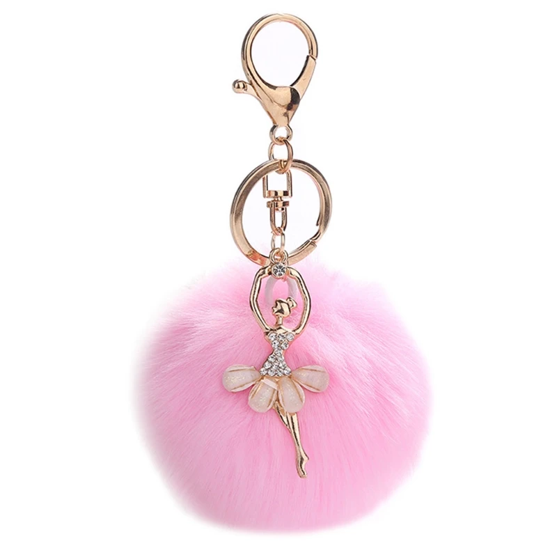 Брелок для ключей с помпоном из искусственного меха, плюшевый шарик с блестящими стразами, подвеска в виде танцовщицы балета, шарм, сумка, ювелирный брелок