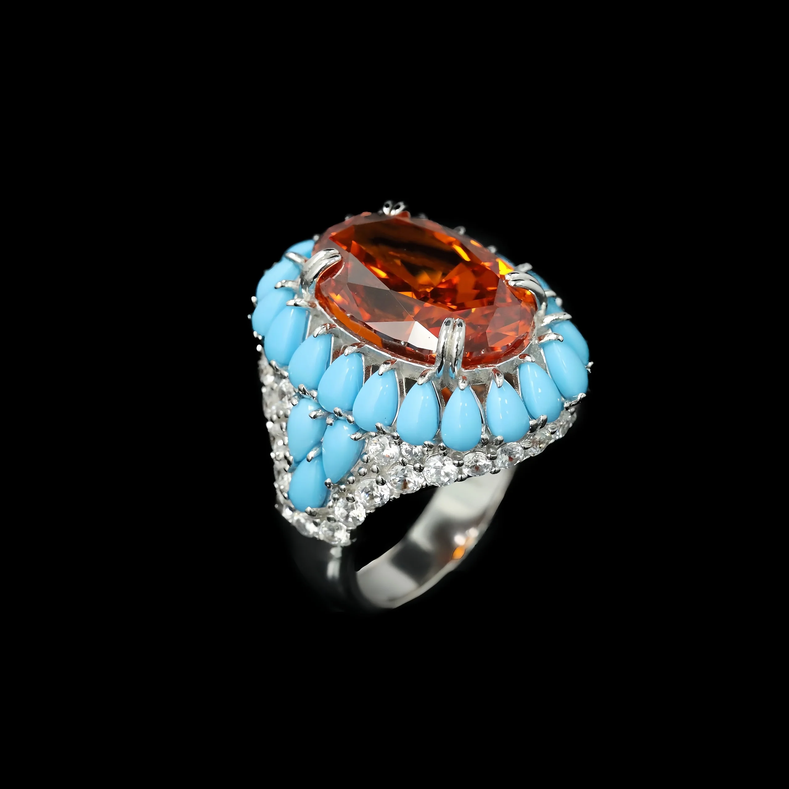 MUSHAN Jewelry Factory Fine Jewelry Engagement Blue Turquoise Ring S925 Sterling Silver Fanta Orange High Carbon Diamond Rings