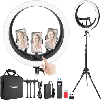 NEEWER 19 Inch 2.4G Ring Light with Stand, 3 Phone Holders, 2.4G USB Transmitter for Mac/PC Remote Control, Touch Panel, Smooth