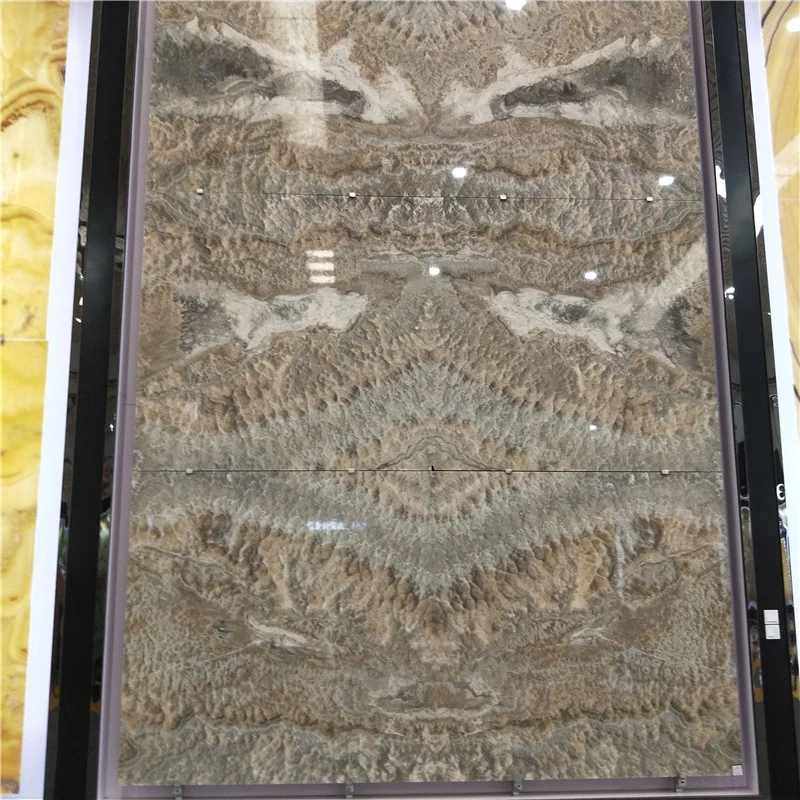 Book match hotel wall background panel slab design light brown onyx slab stone for villa interior design
