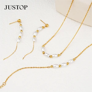 Wholesale Custom Stainless Steel PVD 18K 24K Gold Natural Pearl Shell Freshwater Earrings Bracelet Jewelry Set Pearl Necklaces