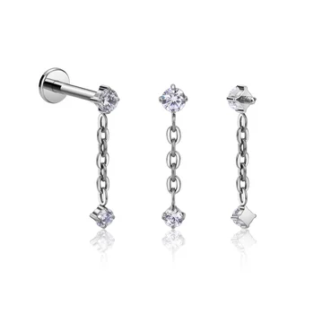 G23 Titanium  Internally Threaded  Zircon with chain Ear Stud Helix Cartilage Tragus Body Piercing Jewelry