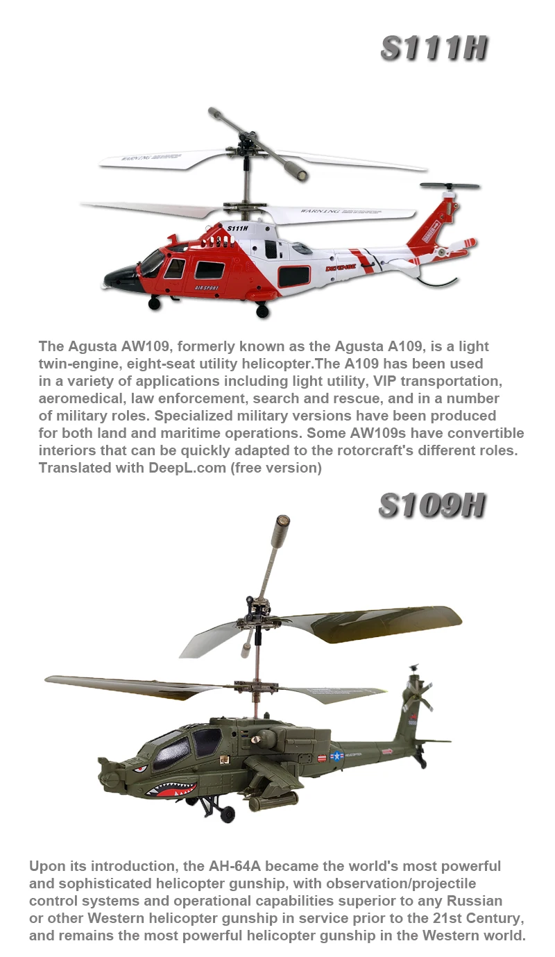 RTS S111H RC Helicopter Model AW109 - 2.4GHz Remote Control, Twin-Blade ...