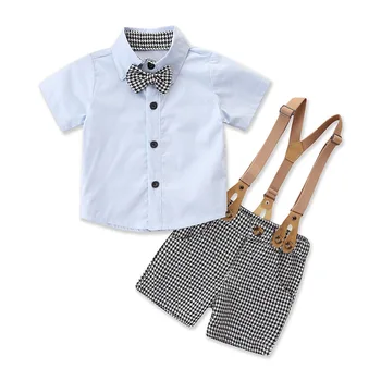 Sunny Baby Summer Korean Gentleman Boys Overalls Suit Children's Blue Short Sleeve Shirt + Shorts