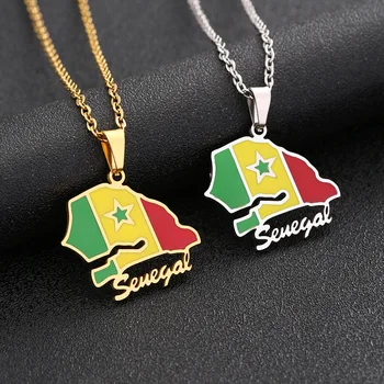 Enameled Senegal Map Chain Necklaces Stainless Steel 18K Gold Plated Enamel Senegal National Flag Map Pendant Necklace