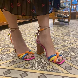 QuiteS Open Toe Colorful Sandals for Plus Size Women Roman Style High Heels Hollow Square Heels Slip-On Fashion Trend for Summer