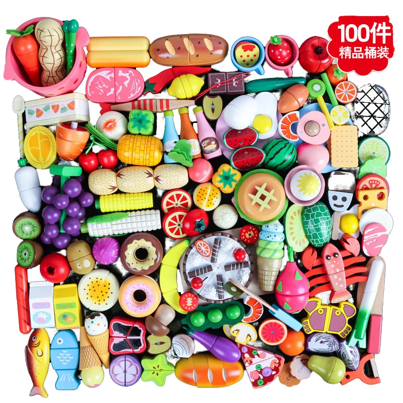 Children s 100pcs Set Big Kitchen Food Play Set with Wooden Magnetic Fruit Vegetable for Kids WFT007 K