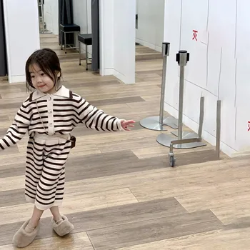 2025 Autumn New Korean-style Children's Clothing for Girls Lapel Striped Polo Shirt and Wide-leg Trousers Woolen Suit