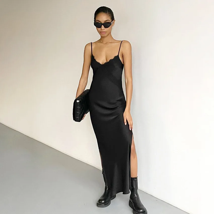 Custom Backless Maxi Dress Fashion Women Summer Sexy Strap Draped Neckline Side Seam Slit Satin