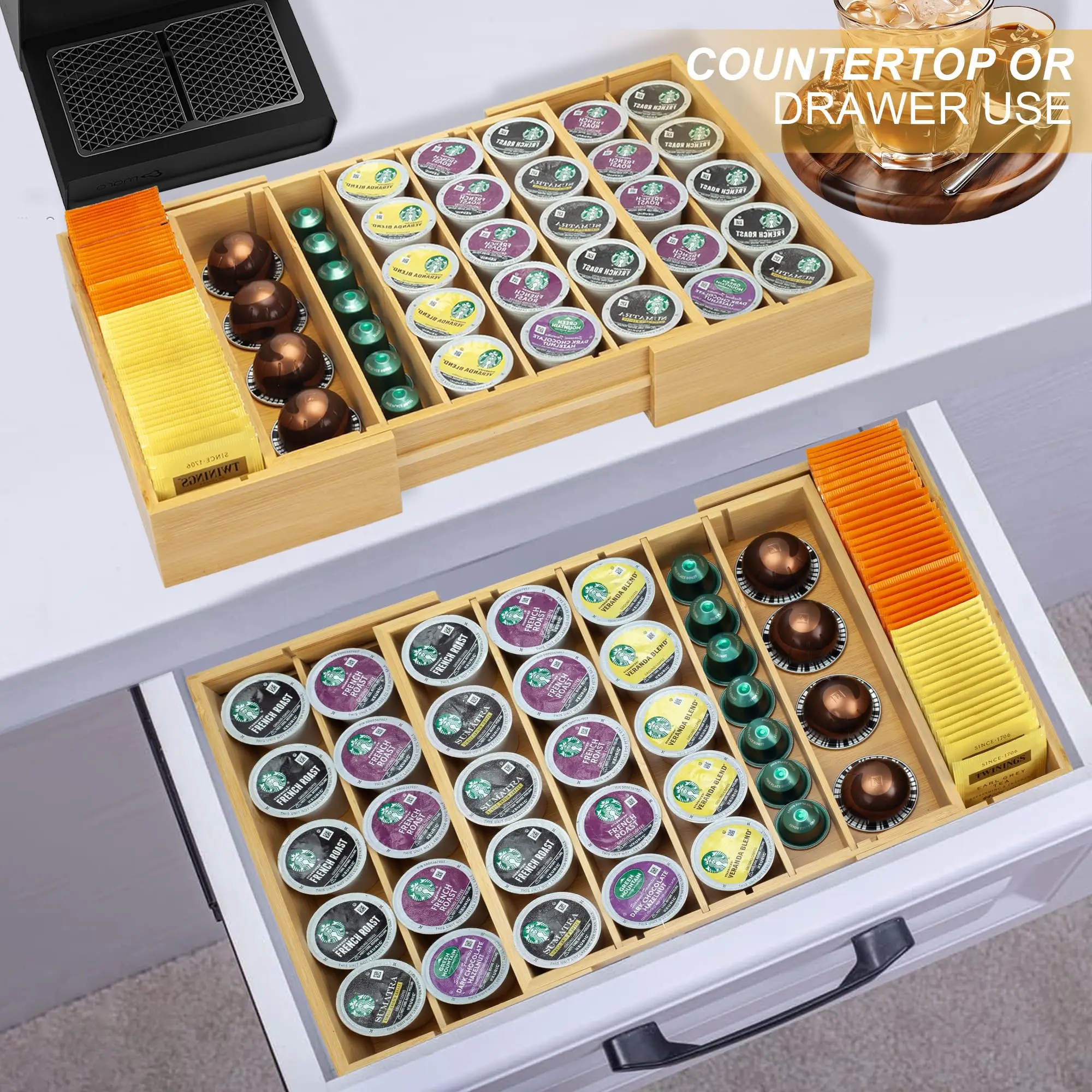 product modern bamboo k cup holder drawer organizer expandable countertop coffee bag storage stand for office or kitchen use-7