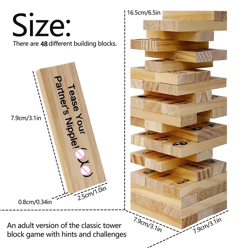 48 Pièces Jeu de Tour de Blocs Coquins Français Blocs Bois Érotiques Jeux Sexuelle Adulte Couple Lust Tower Couples Games d'Empilage pour Cadeau Romantique Anniversaire Saint-Valentin Sensuel Amusant