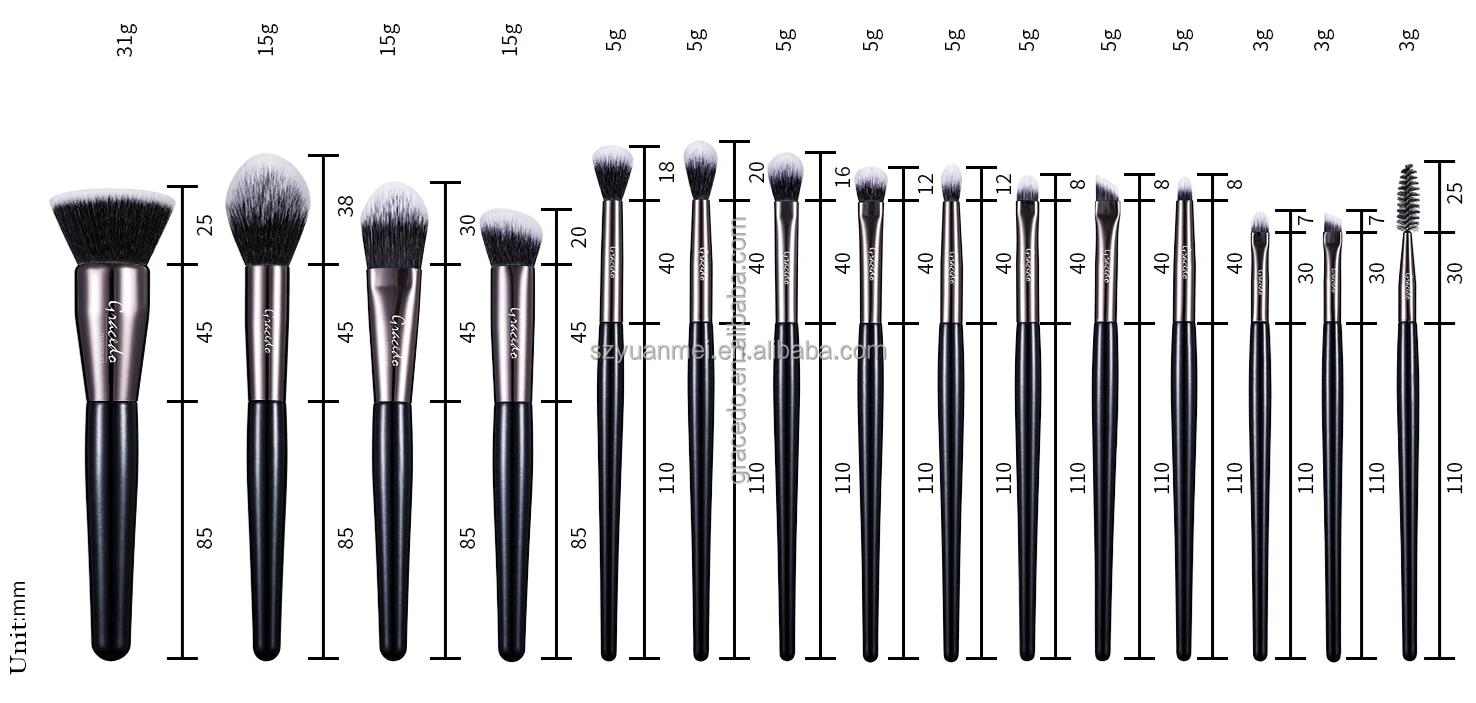 Gracedo Gun Color 15pcs Makeup Brush Set High Quality Professional