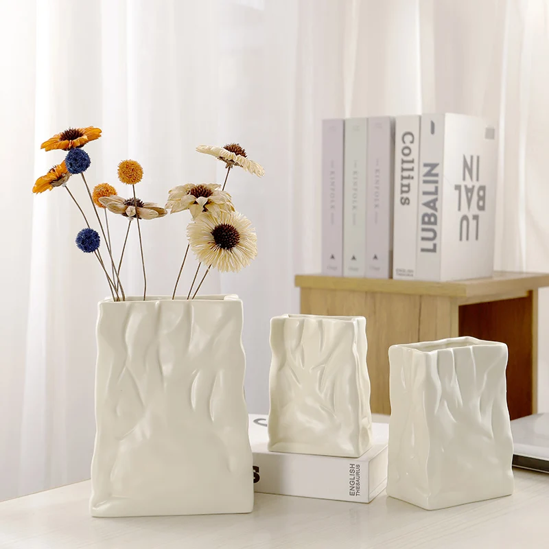 Factory Wrinkled Paper Bag Vase Ceramic Flower Pot for Home Garden Tabletop White Vases for Decor