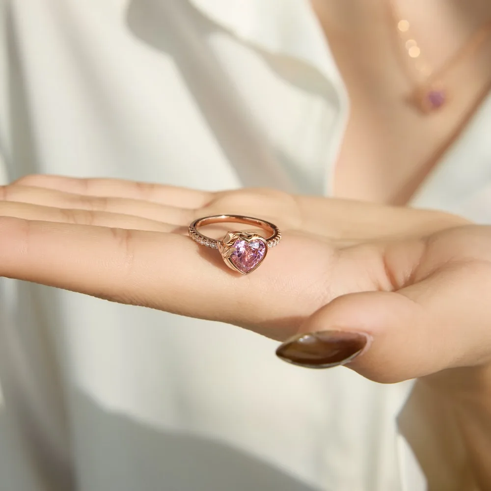 KAKODIY Exquisite Design Rose Gold Plated Hypoallergenic 925 Sterling Silver Eternity Ring Pink 5A Zircon Flower Heart Love Jewelry Ring detail 2
