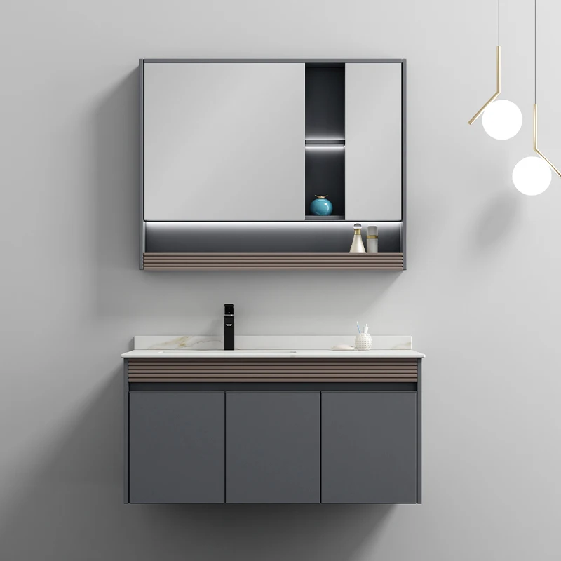 European Style Vanity Unit Bathroom Furniture Marble Top Bathroom Cabinet With Led Light Mirror Cabinet