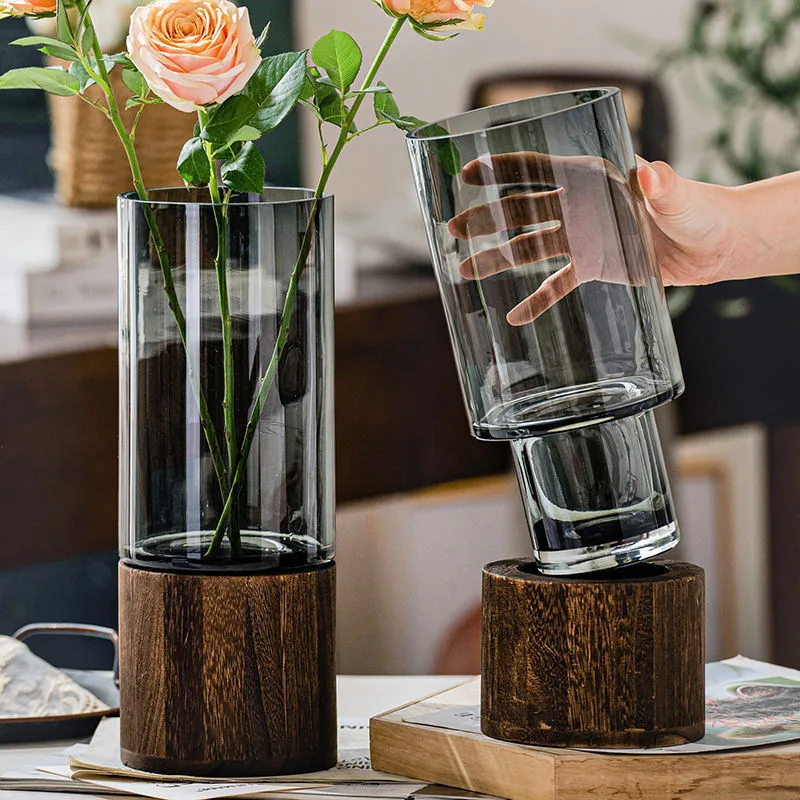 Light Luxury High-End Modern Wooden Tray Glass Vase Ornament for Living Room Decoration Fresh Flowers Hydroponic Vase Wholesale
