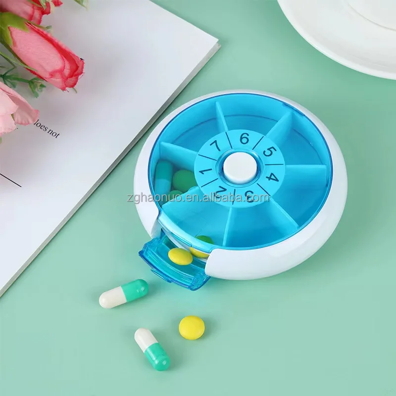 7 Days Rotating Pill Box Pill Storage Box Portable Round Promotional Small Plastic PP Plastic Blue and White Pill Organizer Box