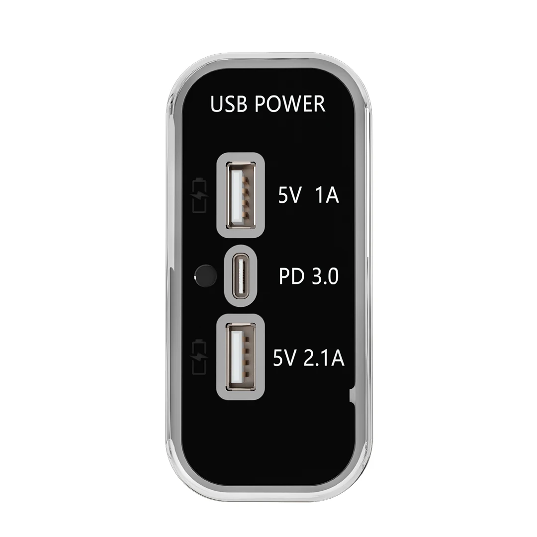 Luxury Rectangular Flush Mount 2 USB a 5V 3.1A Type C PD3.0 12V 24V 3 Usb Port Charger Power Outlet Socket for Bus Car RV Marine