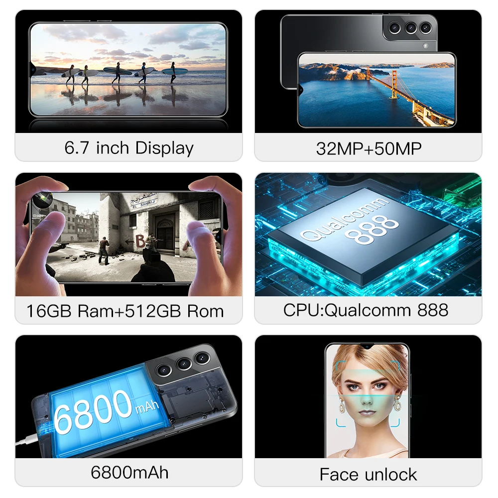 
 Android 11 Deca core S21 + 5G 32MP 50MP телефон 5G LTE оригинальный 6,7 дюймов смартфон 16 ГБ 512 Гб мобильный телефон  