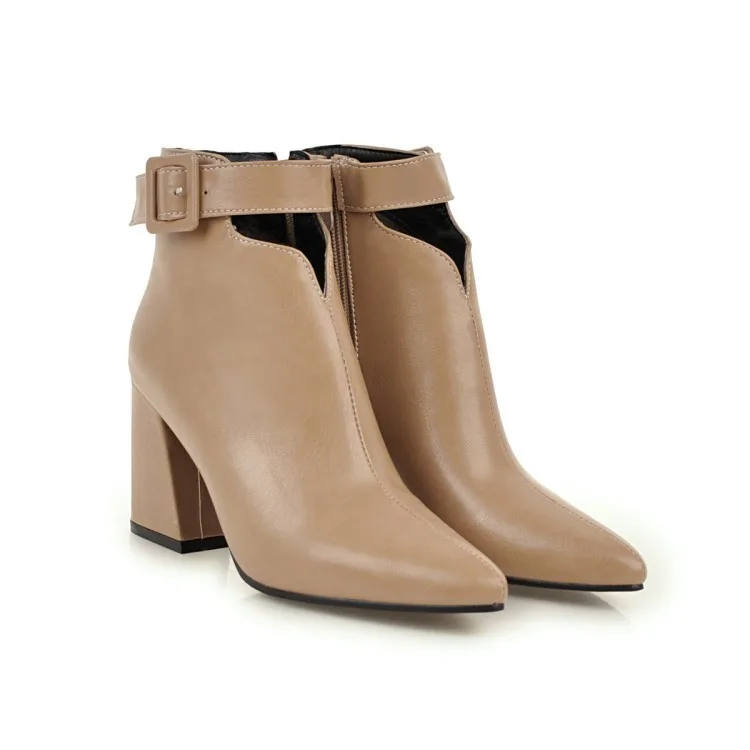 Ladies Brown Leather Elegant Pointed Toe Big Size Buckle Strap V-cut Opening Zipper High Heels Ankle Boots - Image 2