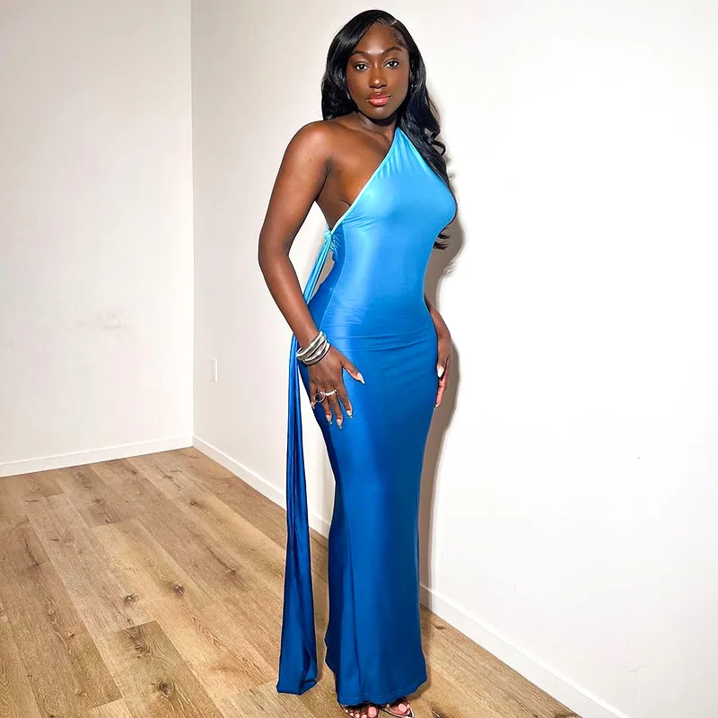 E24DS054 Fashionable Blue Gradient Print One Shoulder Hanging Neck Sleeved  Open Back Long Maxi Dress