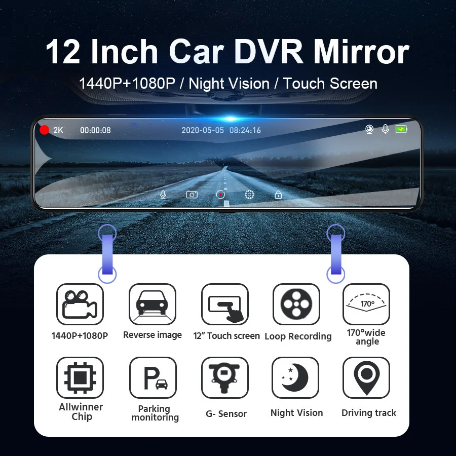 12 Inch IPS Touch Car DVR 2.5K 