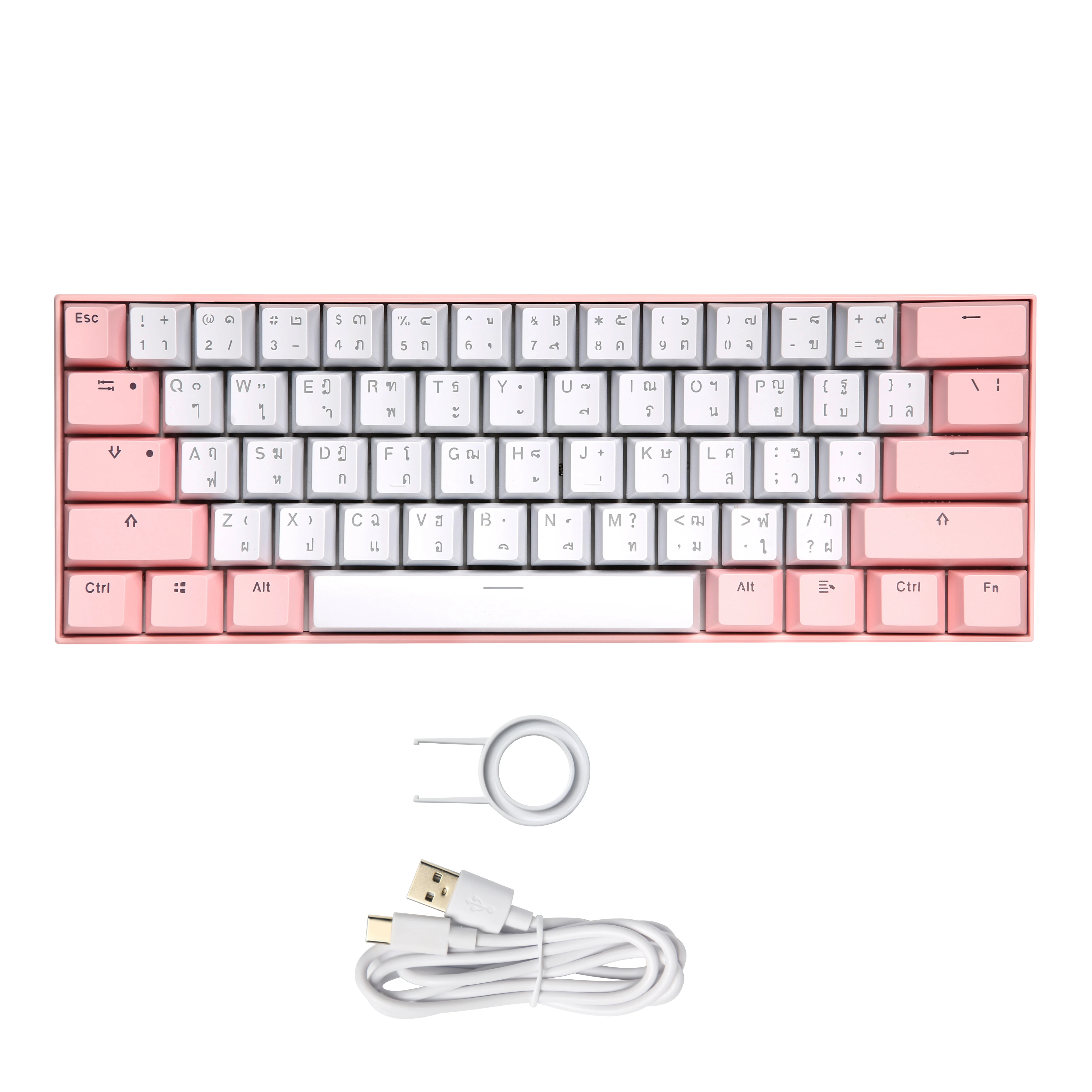 OEM 61 Keys Usb Wired Mechanical Keyboard White Splicing pink and Blue Keycaps Cute Rgb Led Backlit Hotswap Thai Gaming Keyboard