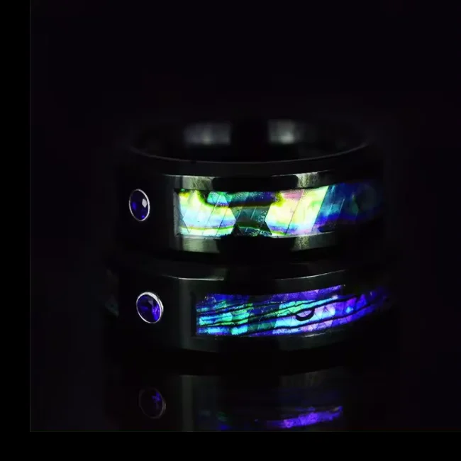 Black Tungsten Abalone Shell Inlay Ring 8mm Blue Sapphire Stone Wedding Band for Men