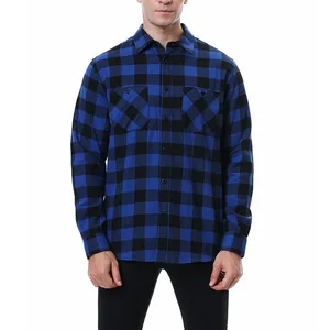 European American Casual Flannel Long Sleeve Shirt for Men Ground Large Plaid Double Pocket Spring Anti-Wrinkle Twill Fabric