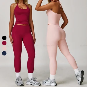 OEM Women's Sportswear High Waist Yoga Sets Halter Adjustable Neck Workout Tank Crop Top Elastic Waist Butt Lifting Leggings