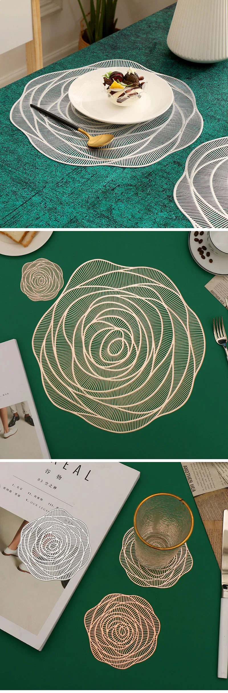 Coaster Mat Pvc Minimalist Design Rose-Shaped PVC Placemats Round Hollow-Out Coaster ...