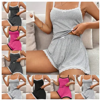 New Women's Casual Pajamas Set Shorts Sleeveless Homestays Front Slit Summer Pajamas Women